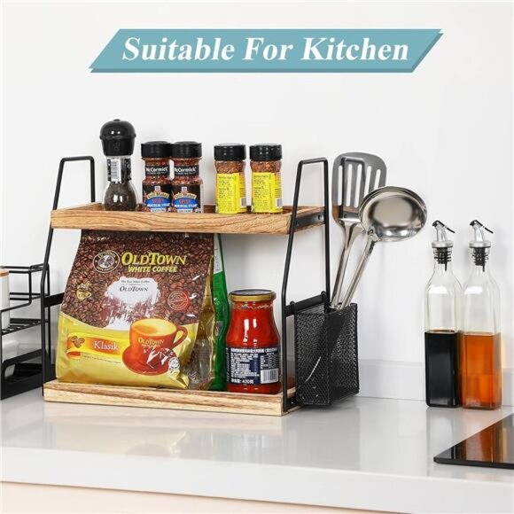 Bathroom Counter Organizer, 2-Tier Standing Storage Shelf with Basket, Wood - Picture 2 of 8